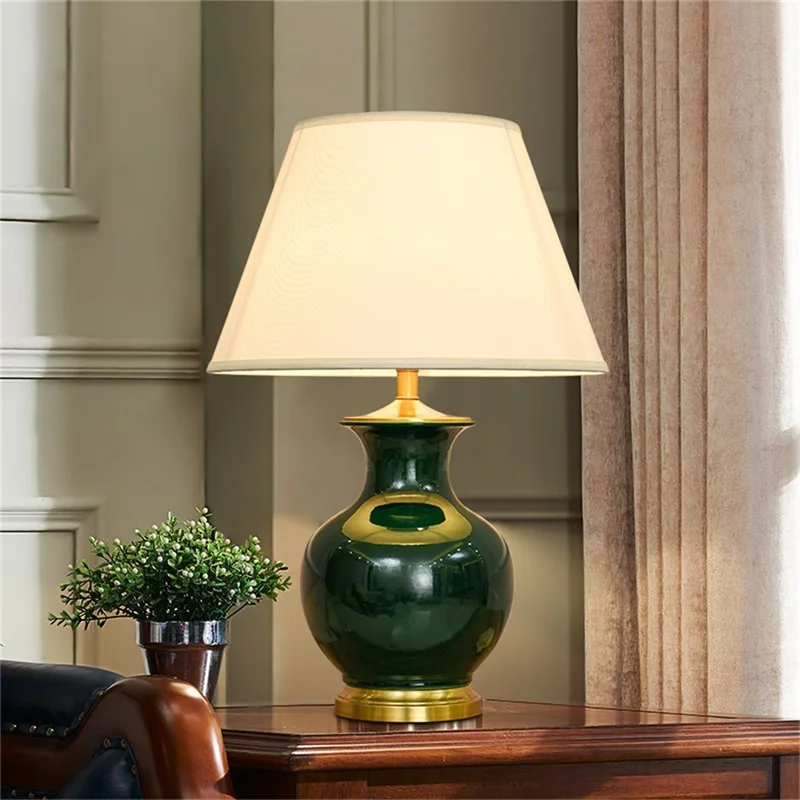 OURFENG LED Table Desk Lamp Copper Bedside Light Red Green Ceramic Decorative For Home Foyer Office Bed Room Study Dining Room