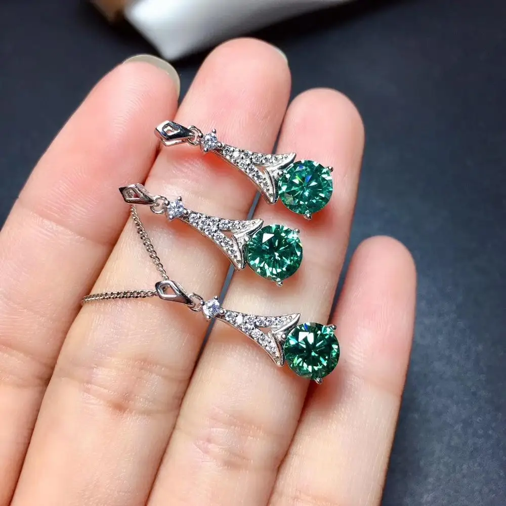 Tower  green moissanite Stud Earrings Necklace jewelry set 925 silver fine jewelry shiny better than diamond party gift