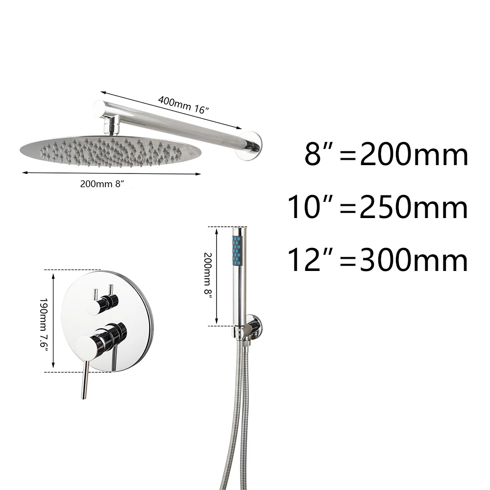 Monite 8 Inch Chrome Polished Round Modern Rainfall Wall Mounted Bathroom Shower Faucet Sets Shower Head & Hand Shower Set