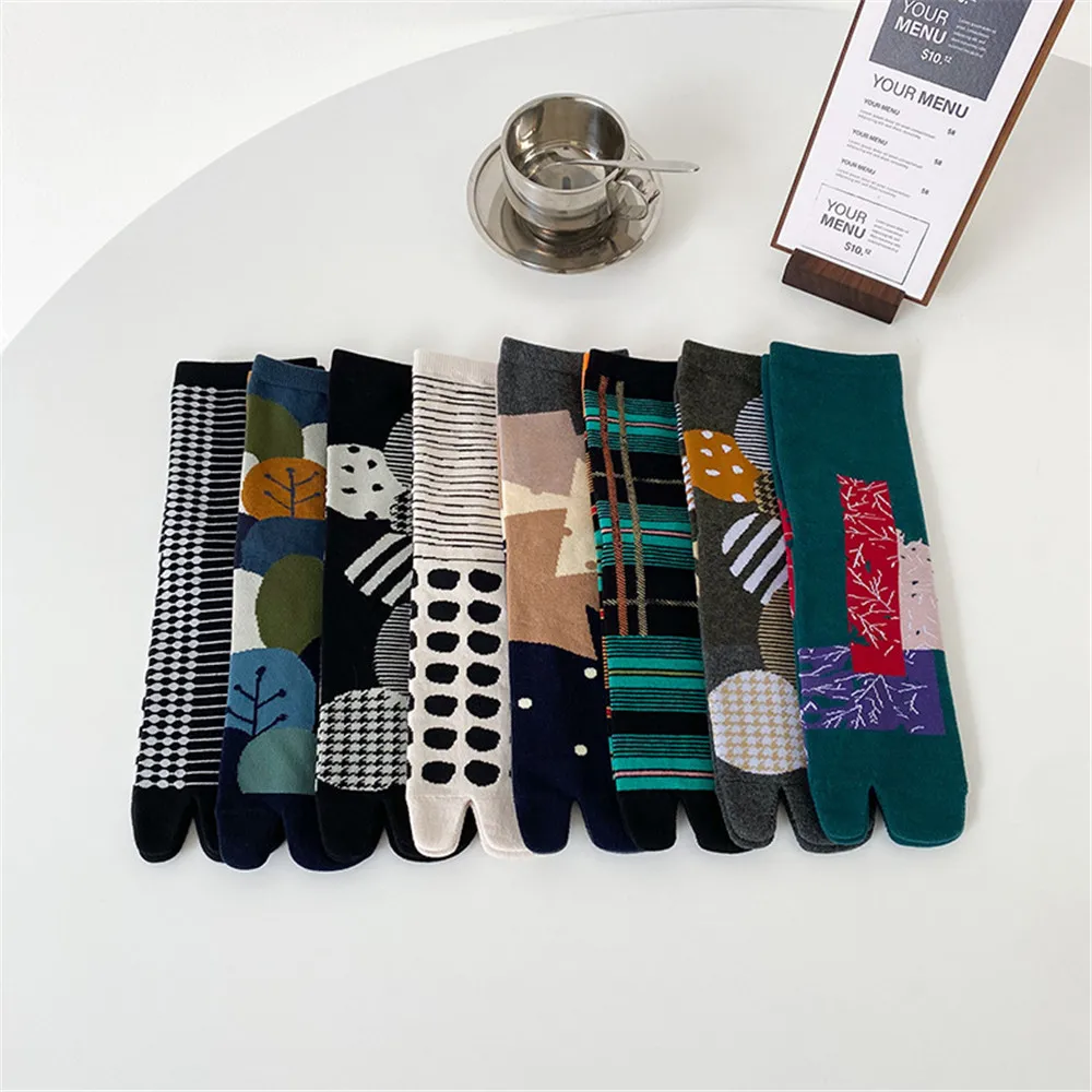 New Two-toed Socks Clacetines Tabi Men\'s Thumb Socks Split-toe Socks Japanese In Tube Cotton Clogs Dots Stripe Socks For Women