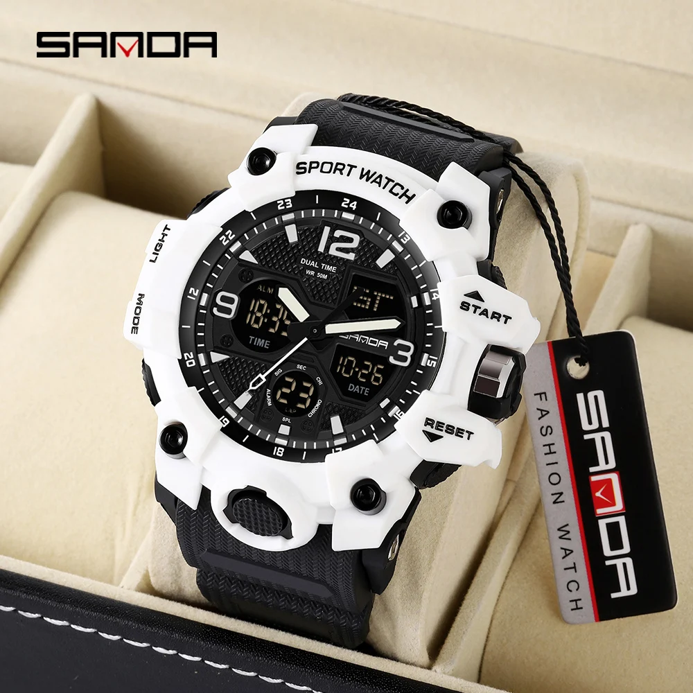 SANDA Men Military Watches White Sport Watch LED Digital 50M Waterproof Watch Men Multifunction Clock Relogio Masculino