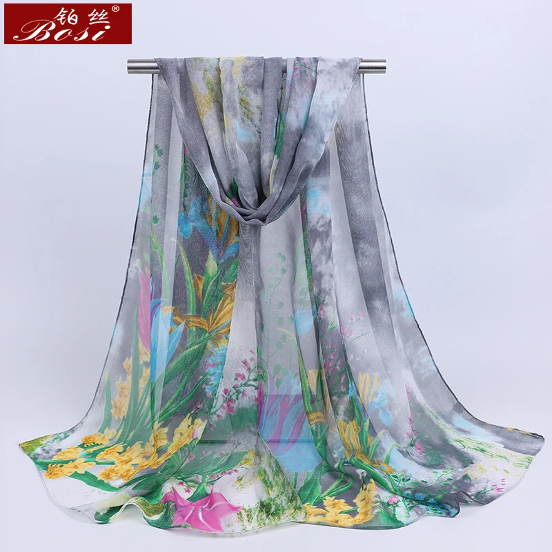 Lenço Chiffon para mulheres, lenços de seda finos, lenço de flor azul, hijab, atacado, primavera e verão, novo