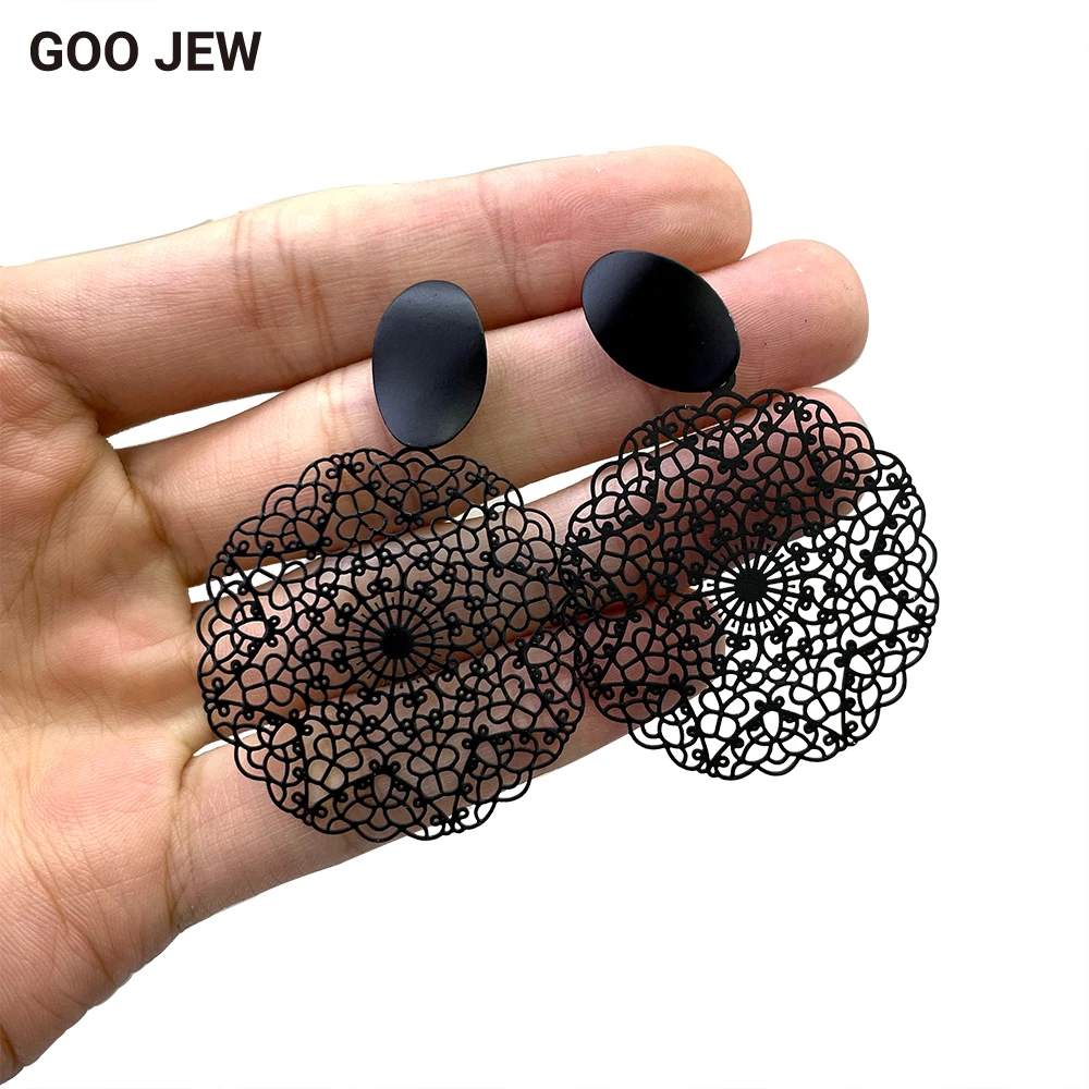 GOO JEW All Black Series Vintage Stud Earrings Exquisite Hollow Out Matt Black Earrings for Women Elegant Jewellery