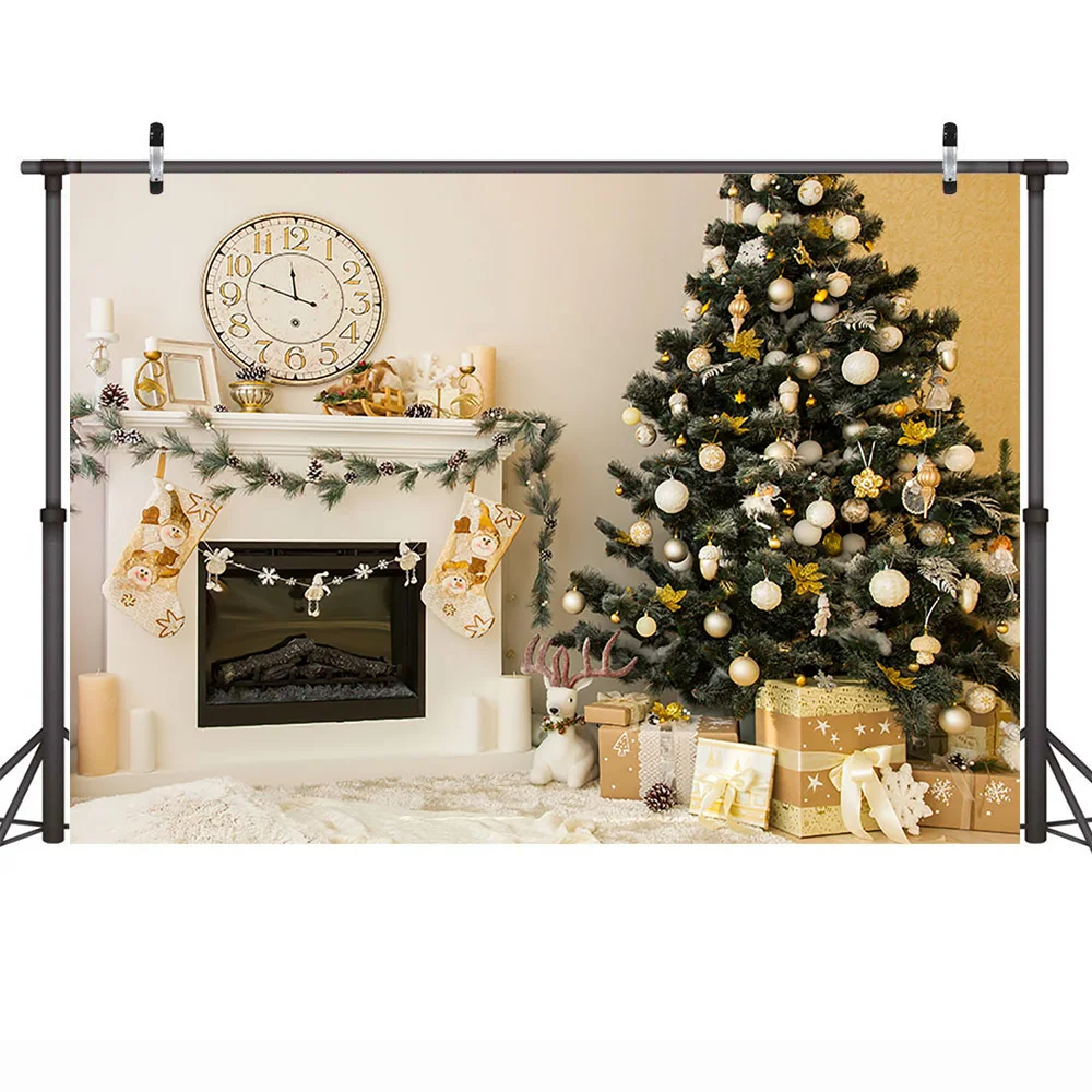 Weihnachtsbaum Winter Porträt Hintergrund Fotografie Kamin Uhr Familie Wohnzimmer Party Hintergrund Socken Geschenke Photocall