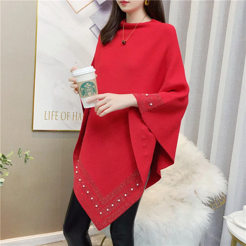 Vintage Cape Knitted Pullover Women Poncho Autumn Winter 2021 Diamonds Shawl Sweater Loose Jersey Red Cloak Pull Femme Femme