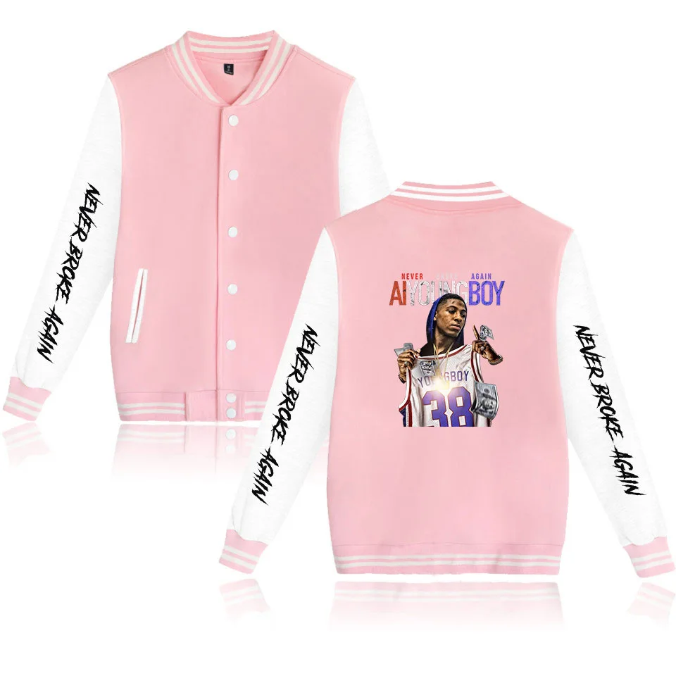 Rap YoungBoy Never Broke Again Baseball Uniform Fleece Jacket Women Men Streetwear Hip Hop Long Sleeve Pink Hoodie Sweatshirts