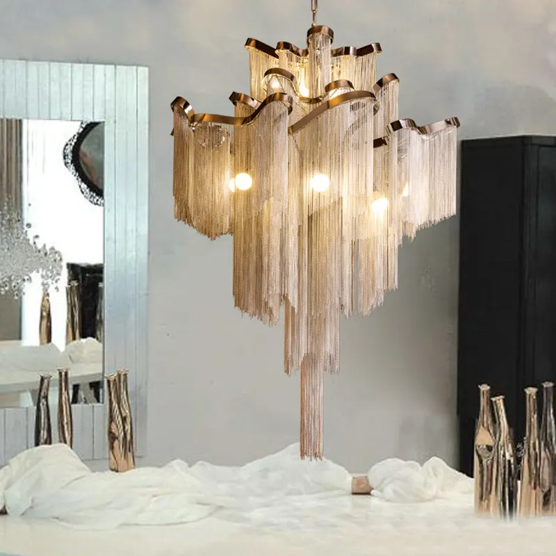 Modern Luxury Silver Gold Aluminium Chain LED Pendant Lamp Stair Pendant Hanging Light for Home Hotel Tassel Chandelier image 6