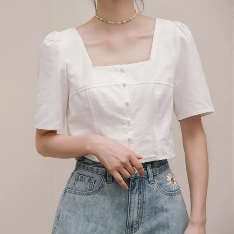 Blouses Women Korean Square Collar Lovely Design College Girls Blouse Slim Single Breasted All-match Sweet Summer Femme Crop Top