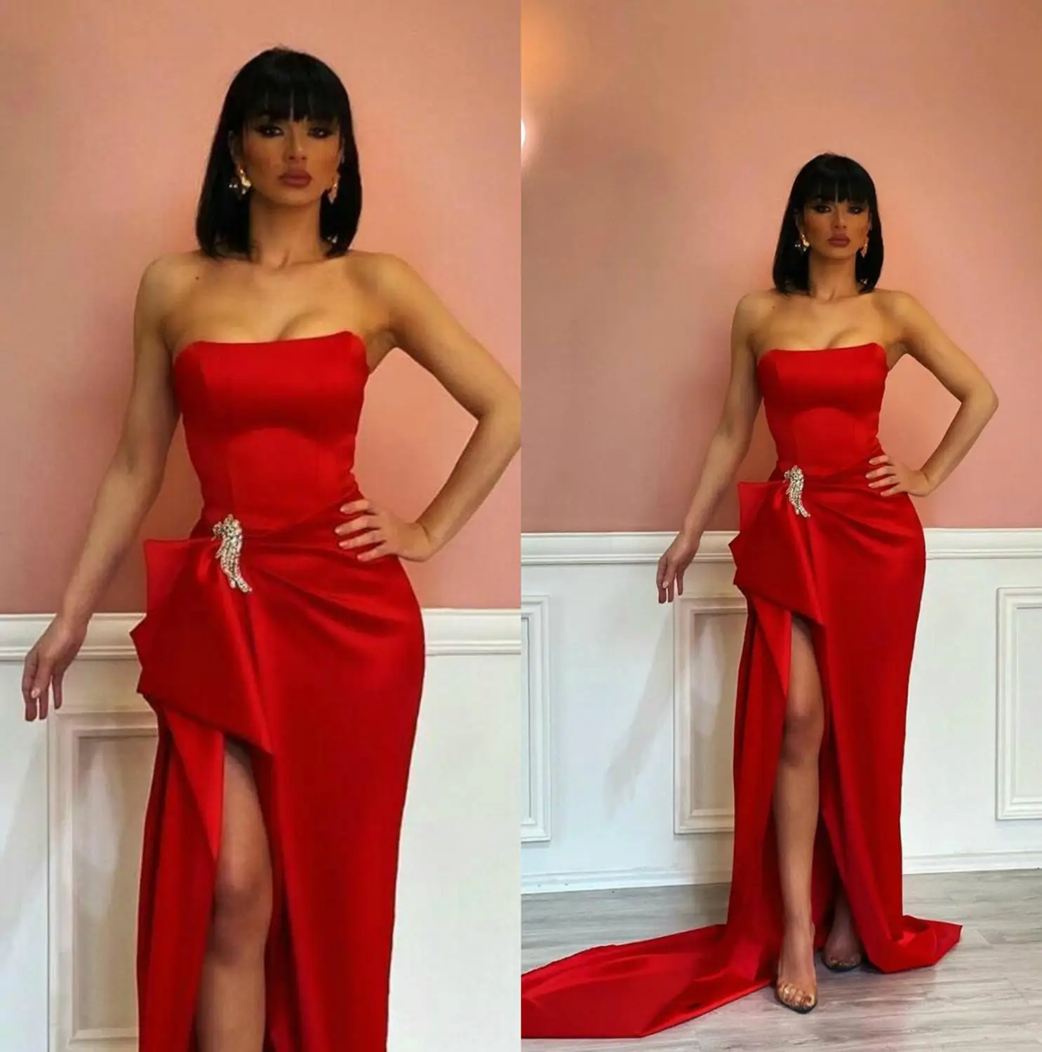 Fashion Red Mermaid Evening Dresses Sexy Strapless Sleeveless Prom Dress High Split Formal Party Dress Robe de Soiree