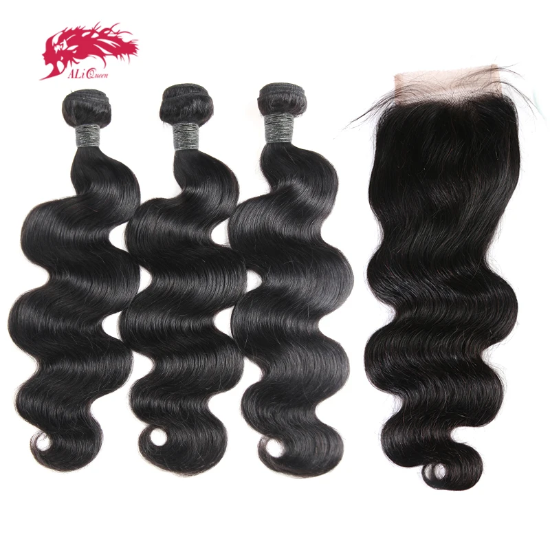 Ali Queen Hair 3/4Pcs Peruvian Body Wave Human Hair Bundles With Closure Free Part Remy Hair Bundles With 4x4/5x5HD Lace Closure