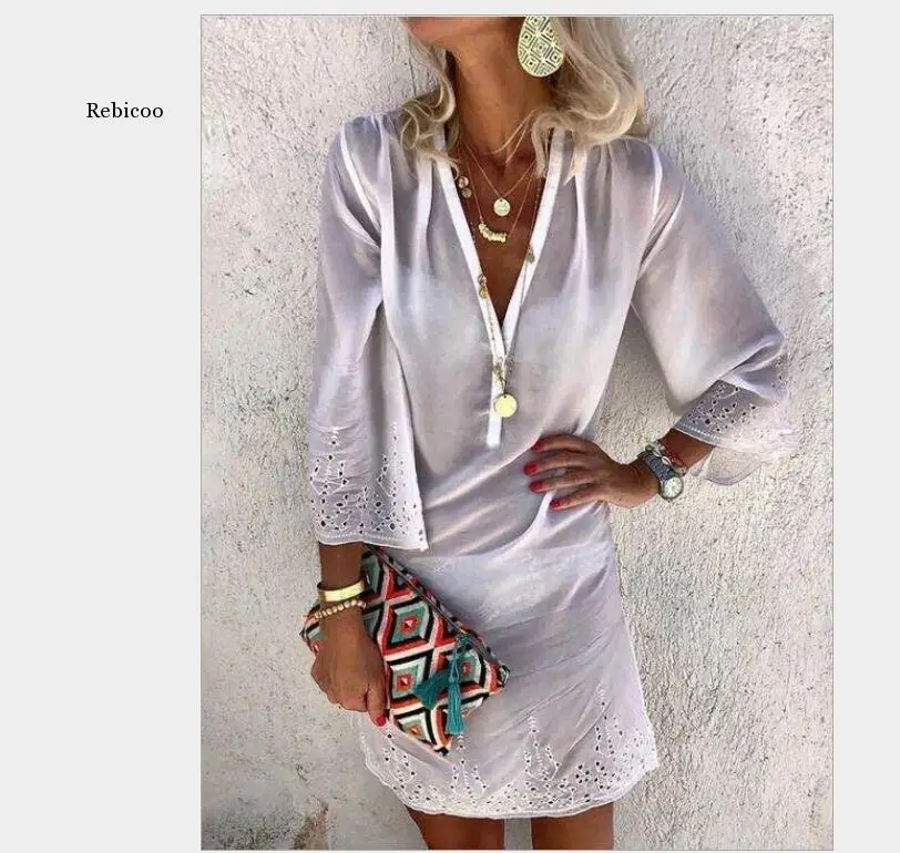 Summer Beach Dress Women Hollow Half Fare Sleeve Ruffle Mini Dress Female Office Ladies Sundress  V Neck Vestidos