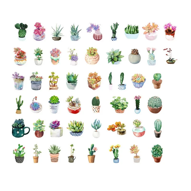 50pcs Succulent Plants Stickers Set 40mm Mini Potting Cactus Seal Sticker for DIY Journal Album Frame Decoration Kids Gift A6386