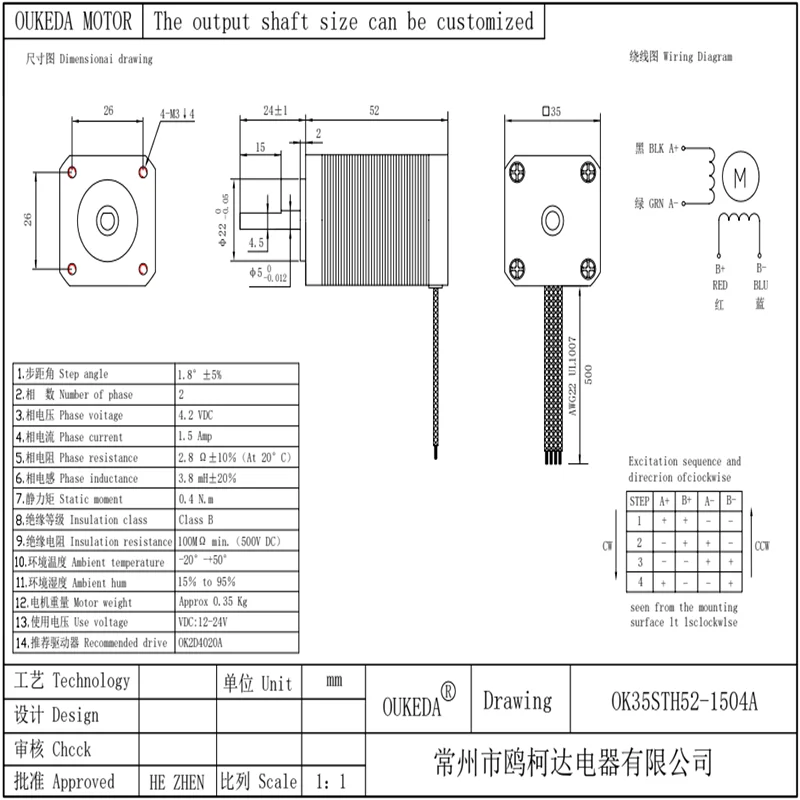 35 stepper motor body 52 NEMA14 MOTOR 1.5A 0.4Nm 35 motor 35BYG52