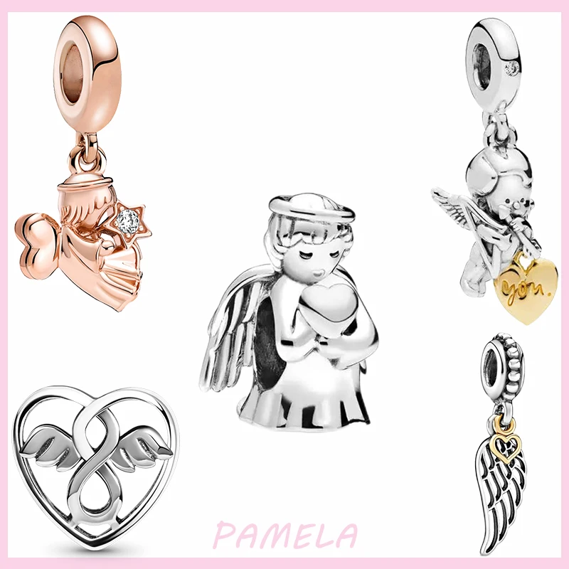 PAMELA 925 Sterling Silver Angel God Of Love Charms Wing Beads DIY For Original Pendant Bracelets Feather Jewelry For Women Gift