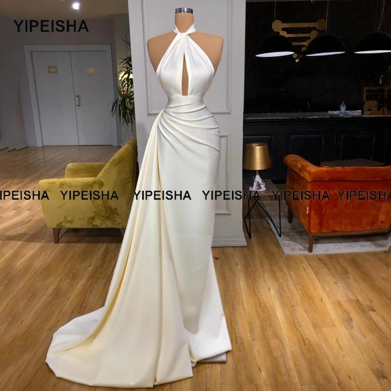 Yipeisha Sexy Halter Mermaid Prom Dress abito da sera bianco semplice lunghezza del pavimento raso avorio abiti da Festa Vestido de Festa 2021