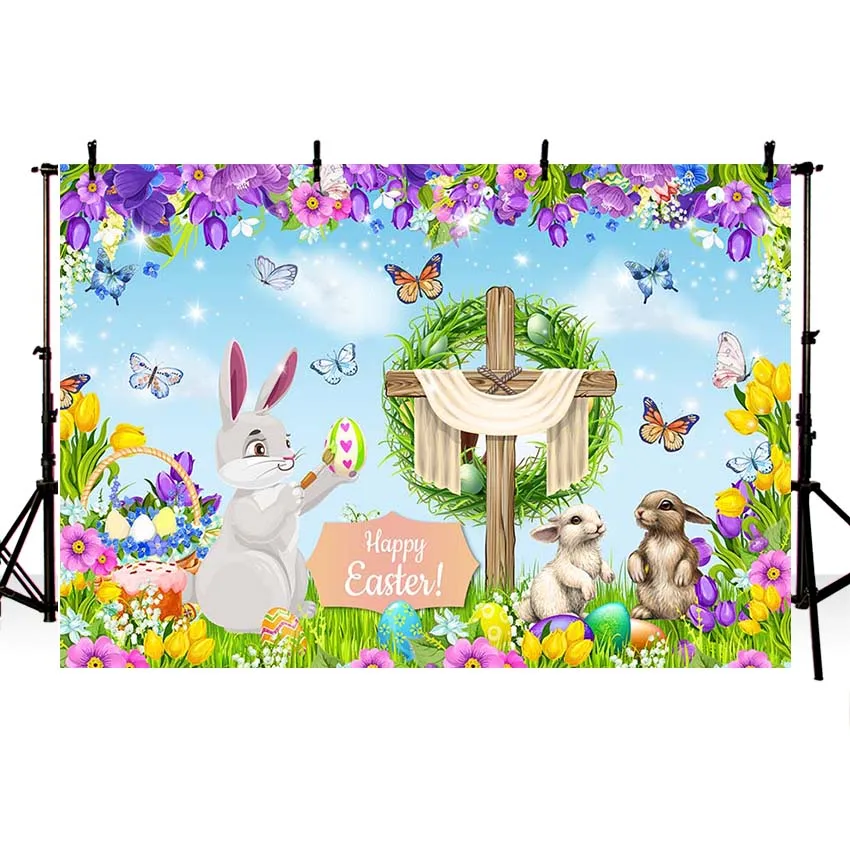 Mehofond Photography Background Spring Jesus Christ Cross Easter Eggs Flowers Kids Birthday Party Decor Backdrop Photo Studio