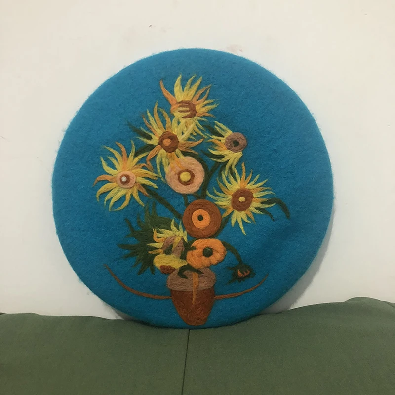 Faramita Holiday Van Gogh Famous Painting Sunflower Women Blue Hat Hand Made Girls Wool Berets Manual Art Caps Hat Painter Beret