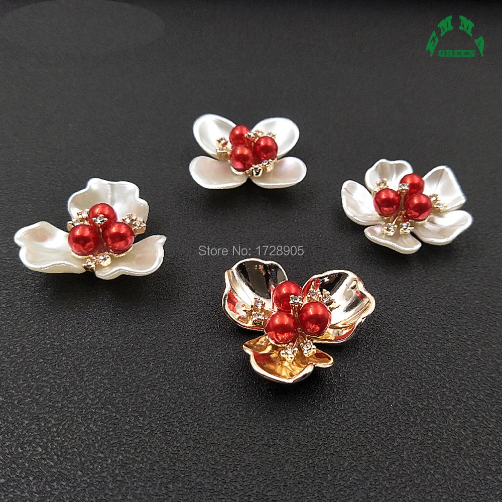 Rhinestone Pearl hair Embellishments 10pcs Red Pearls Button Accessories Hairbow Center Decoration Adornment DIY Craft Supplies