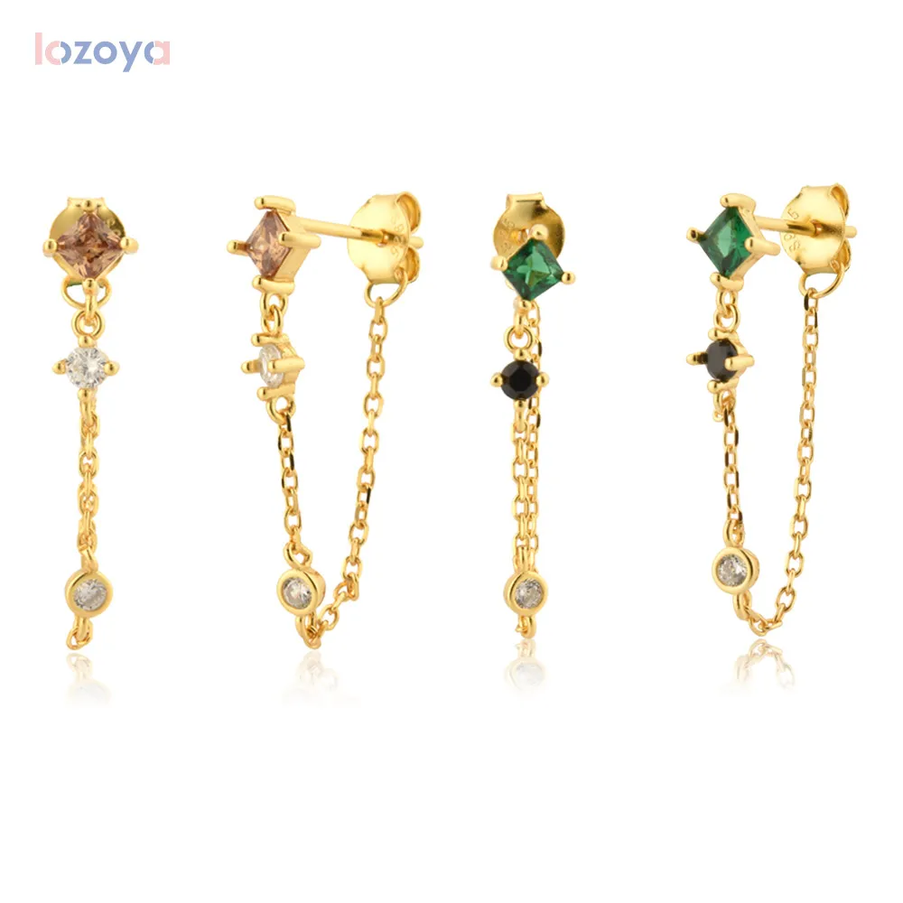 

Lozoya 925 Sterling Silver Gold Punk Clips Crystal Brown Green Zircon Stud Earring Piercing Pendiente Clips Rock Jewelry