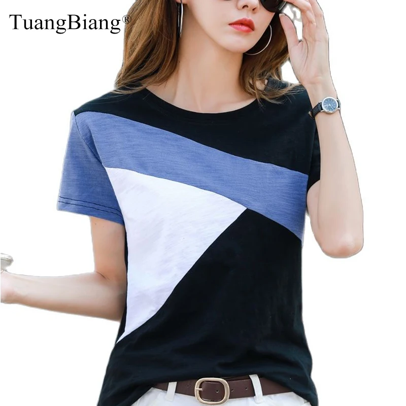 Patchwork Bamboo Cotton Women Summer T-Shirts 2023 New Loose O-Neck Soft Green Blue Tshirt Feminine Rainbow Colors Splicing Tops