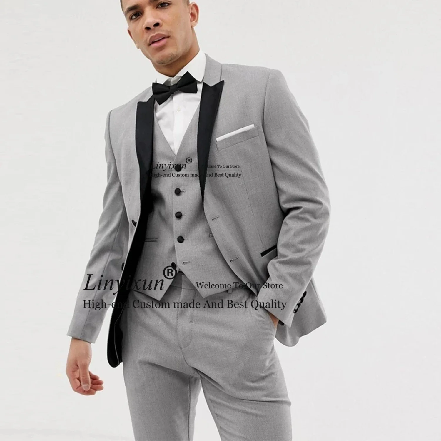 

Casual Grey Slim Fit Mens Suits For Wedding Formal Business 3 Piece Sets Groomsmen Blazer Suit Costume Homme (Jacket+Vest+Pants)