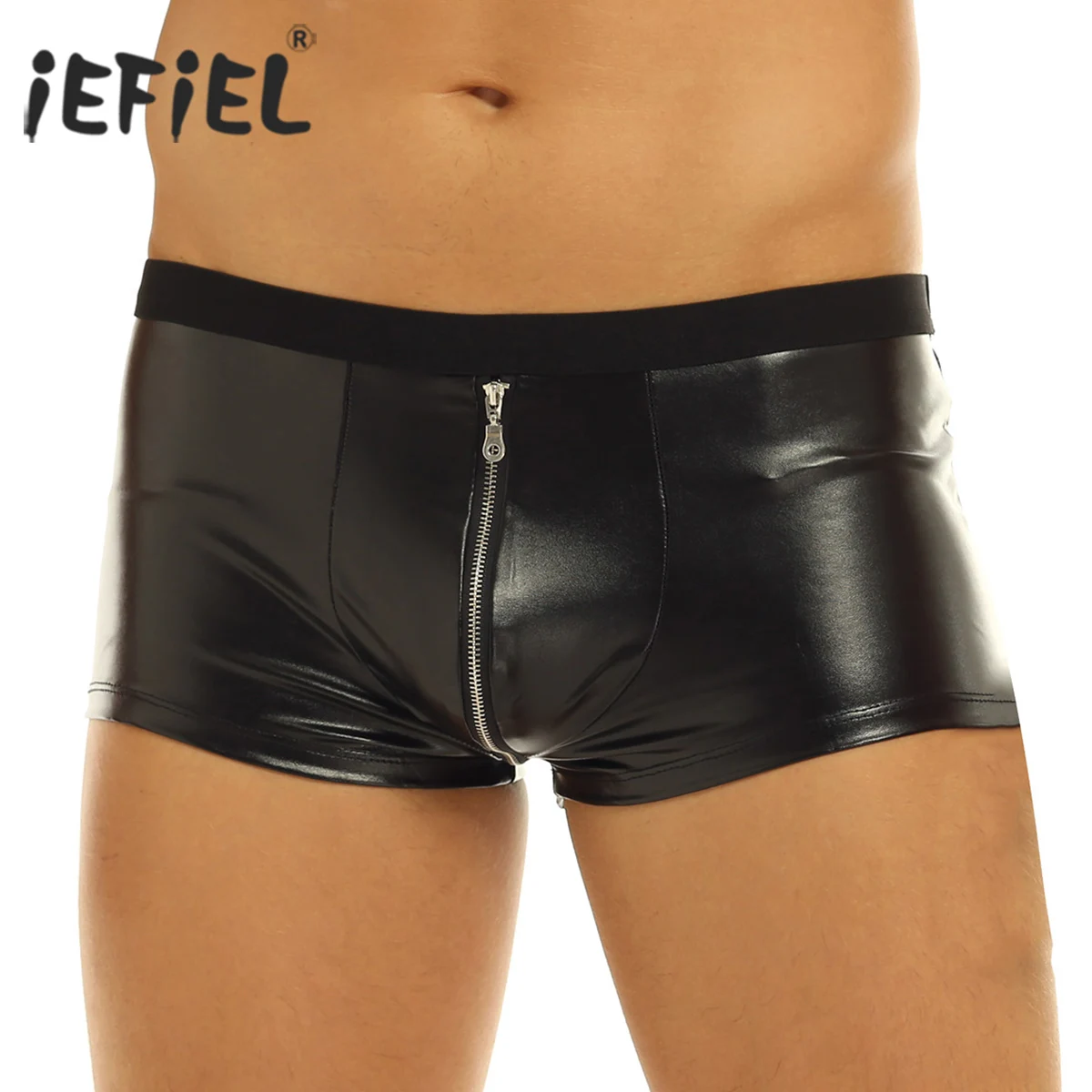 Mens Lingerie Panties Wetlook Faux Leather Zipper Jockstraps Bulge Pouch Low Rise Gay Boxer Shorts Underwear Underpants