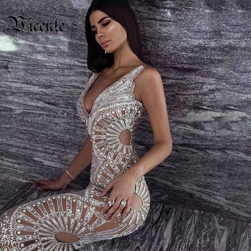 

VC-Long Slip Dress with Silver Sequins, Ruffles Design, Sexy V Neck, Backless, Celebrity Party, Club Maxi, Chic