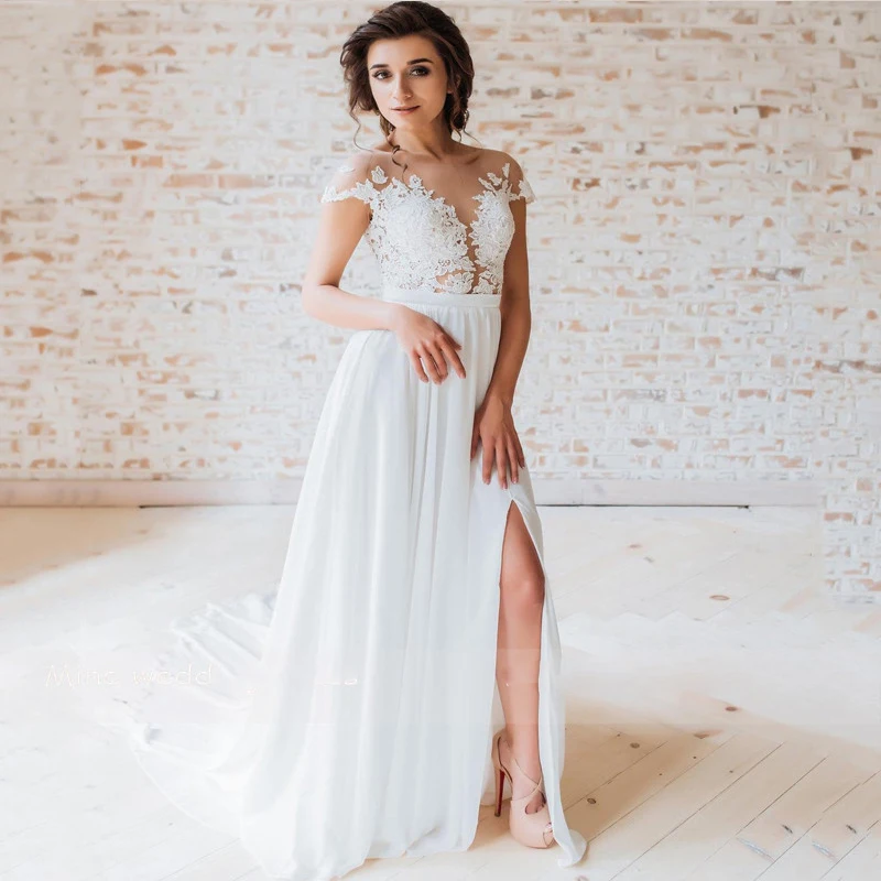 Sirene Wedding Dress Custom Made A Line Chiffon Boho Bridal  Gowns Long Sleeves Robe De Mariee See-through Appliques Beading