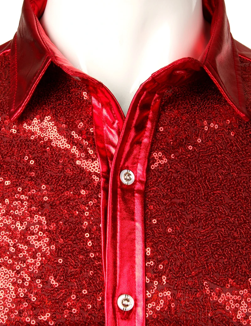 Red Sequin Metallic Patchwork Shirt Men 2023 New 70\'s Disco  Nightclub Sparkle Shirt Mens Halloween Party Stage Prom Costume 2XL