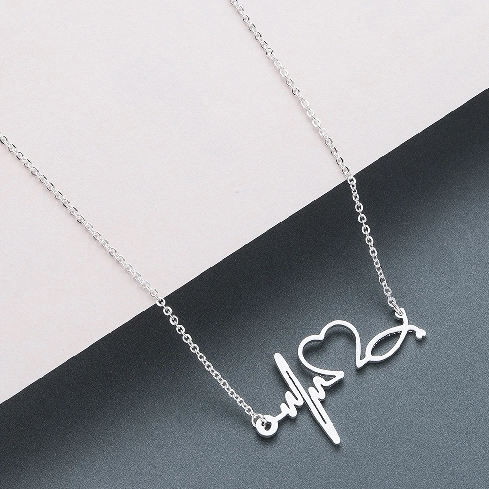 Cxwind Stainless Steel Heartbeat Cardiogram ECG Pendant Stethoscope Necklaces Women Chain Chokers Gifts for Nurse Doctor Jewelry