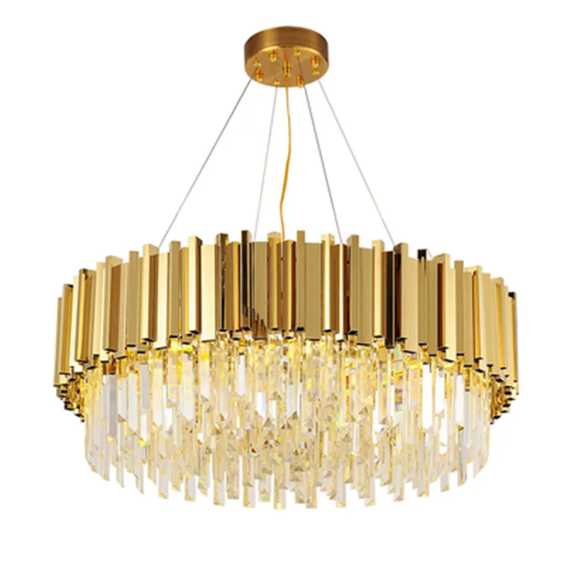 

Luxury Plated Gold Metal Lustre K9 Crystal Led Pendant Lights E14 Luminarias Dining Room Straight Pendant Lamp Lighting Fixtures