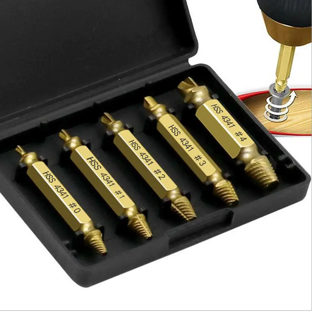 5PCS Screw Extractor Kit Double-head Broken Bolts Remover Repair Tool Titanium-plated HSS 4341 Screw Extractor Set Tools