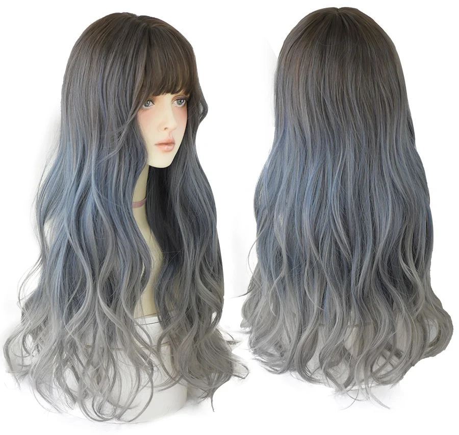 7JHH WIGS Pastel Blue Grey Wigs With Bangs For Women Long Lolita Realistic Curly Wavy Wigs Two Colors Synthetic Hair Cosplay Wig