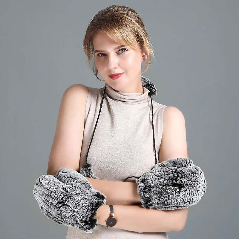 Women Fashion Cute Rex Rabbit Fur Woven Gloves Female Winter Warm Mitten Lanyard Hanging Neck Gloves