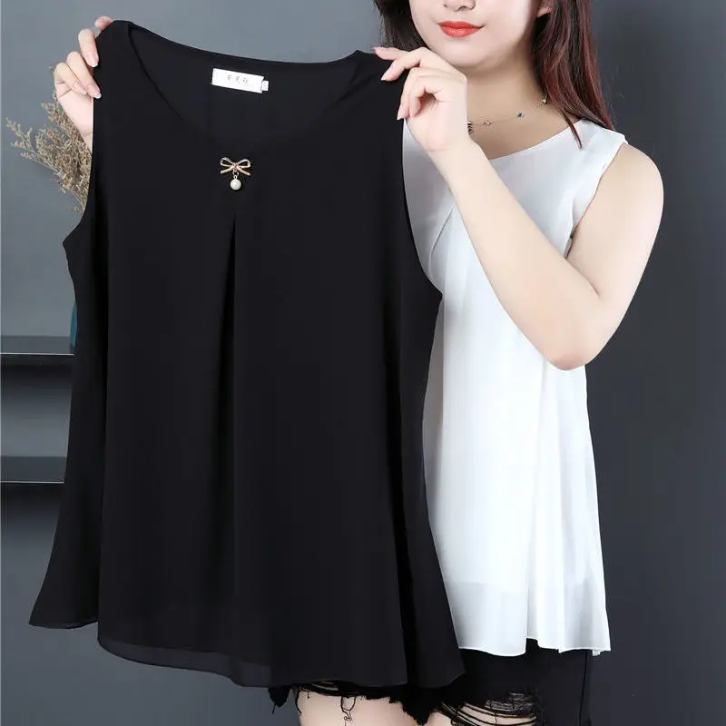 Obesity Women Chiffon Shirt  2025 New Summer Sleeveless O-neck Blouse Casual Solid White/Red Loose Oversized Female Tops