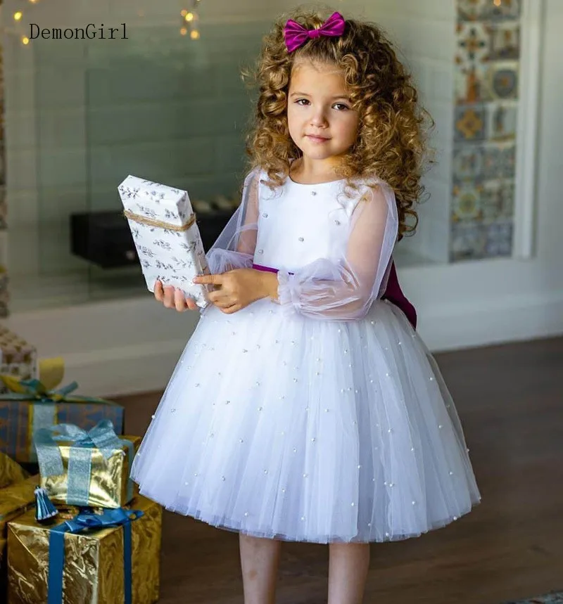 

Puffy White Flower Girl Dresses Satin Bow Princess Kids Long Sleeve First Communion Dresses Birthday Gown