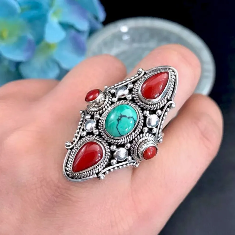 2020 new Nepal handmade s925 pure silver woman ring natural turquoise organic gemstone Tibetan ring for men and women