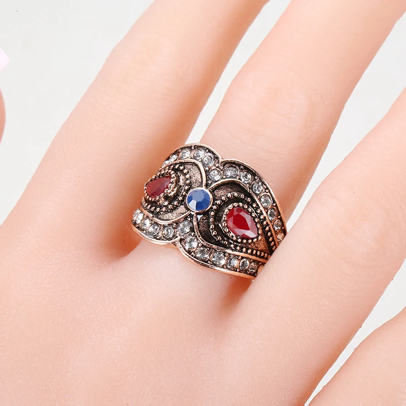 Kinel Fashion Women Ring Antique Gold Red Stone Crystal Flower Big Rings Vintage Wedding Jewelry Drop Shipping