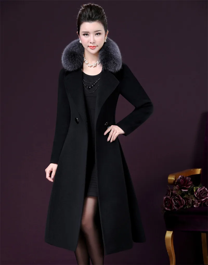 

2020 Plus Size 4XL Women's Woolen Coat Faux Fox Fur Collar Warm Thick Winter Jacket Women Blue Long Coats Casaco WXF497