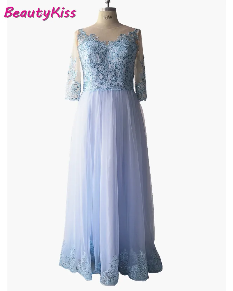 Vestido tamanho grande para a mãe da noiva, festa de casamento, renda azul, tule manga comprida 3/4, vestidos de noite formais para senhoras, vestido de baile