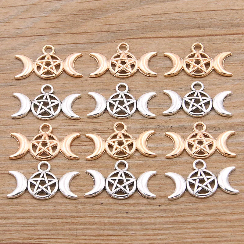 40Pcs 13*22mm 2 Color Zinc Alloy Vintage Hollow Out Round Pentagram Moon Connectors Pendants Jewelry Making DIY Handmade Craft