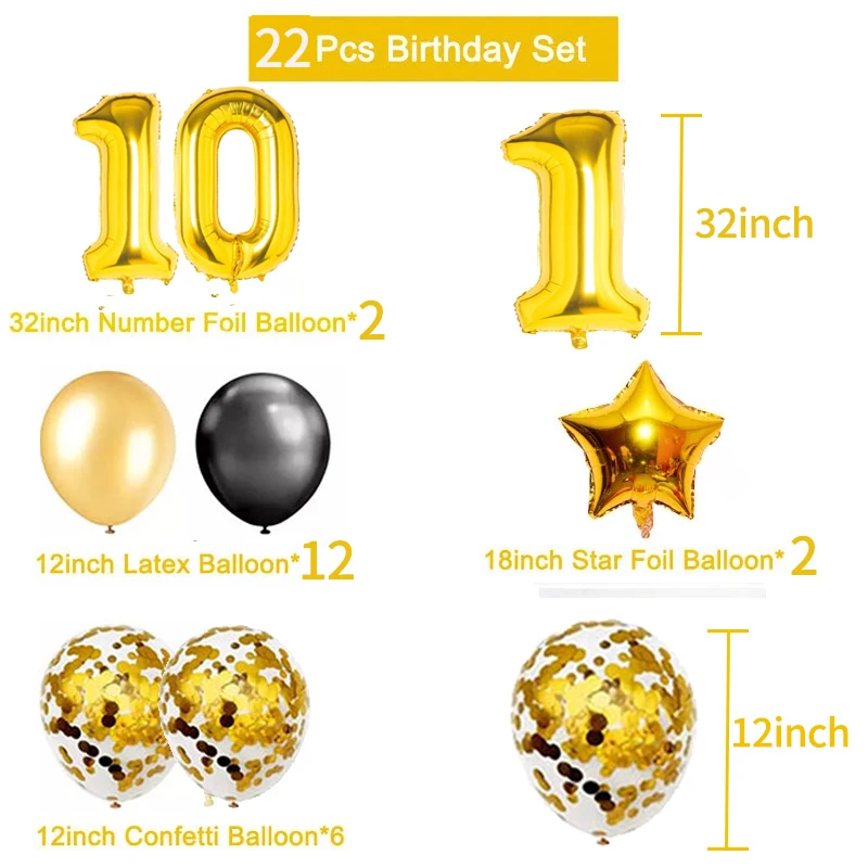 22pcs Black Gold Number Foil Latex Balloons Happy Birthday Party Decorations Adult Kids 10 15 16 18 25 30 35 40 50 60 Years Old