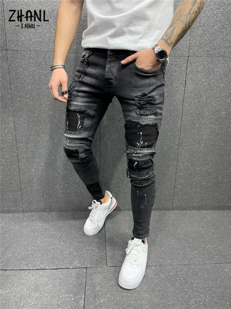 Men Fashion Spray Paint Printed Men\'s Jeans High Quality Black Distressed Slim Pencil Pants Hip Hop Ripped Skinny Denim Trousers