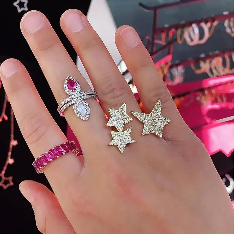 white blue Rainbow cz paved Open adjusted star rings for women party engagement band cz eternity colorful finger jewelry