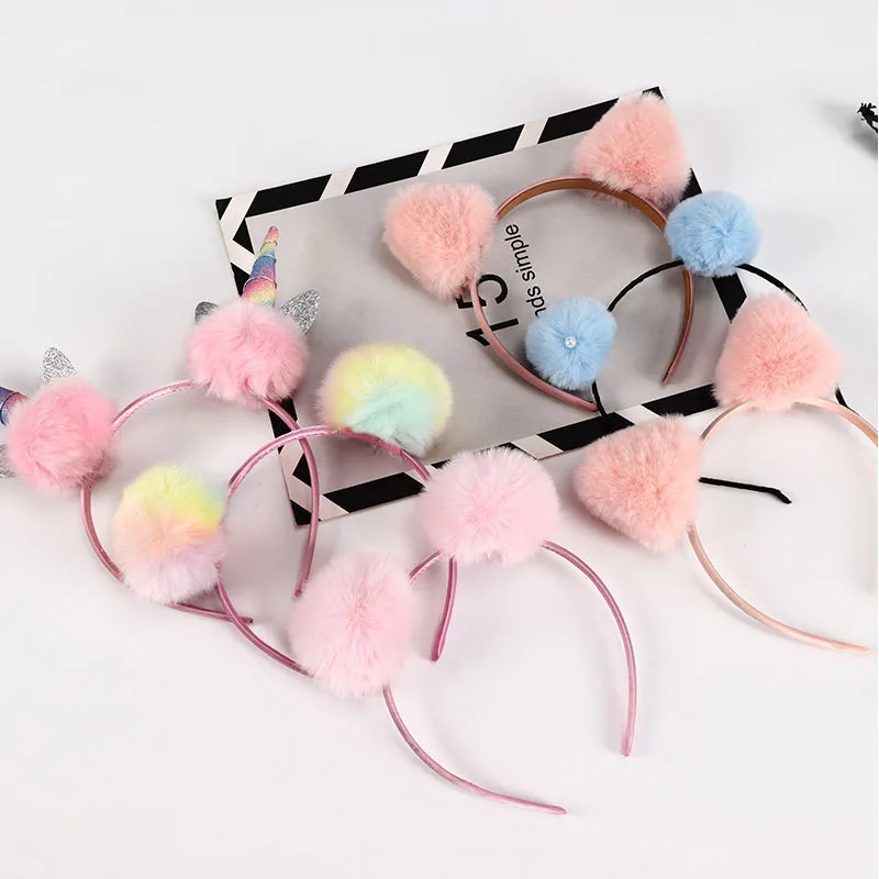 Kids Cute Colors Fake Fox Rabbit Fur Hairband Handmade Girls Sweet Unicorn Hair Hoop Hairball Headband Woman Fashion Accessories