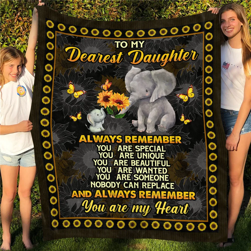 

HX To My Dearest Daughter Blankets 3D Graphics Elephant Sunflower Plush Quilts Keep Warm Sherpa Blanket