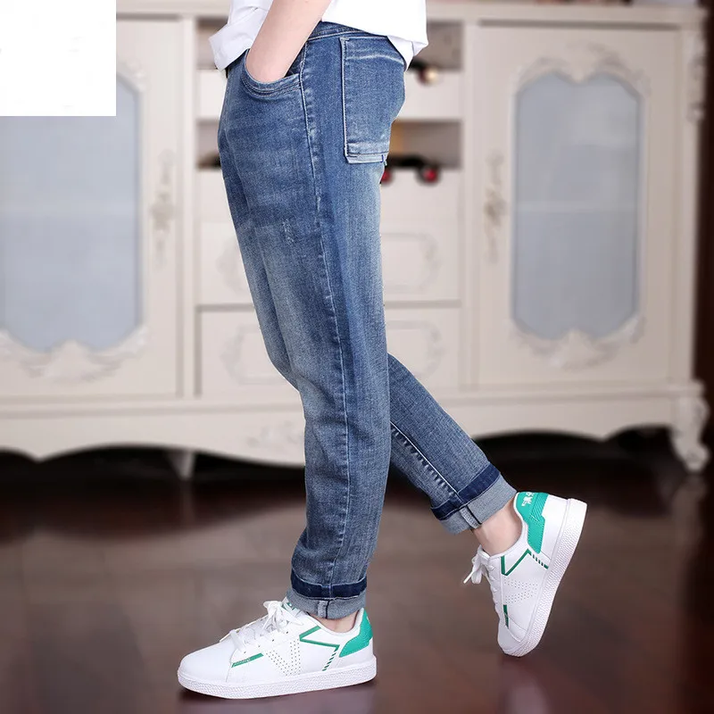 4-18T Teenagers Clothes Boy Summer Jeans 2021 New Fashion Big Pocket Solid Elastic Waist Cotton Friction White Full Length