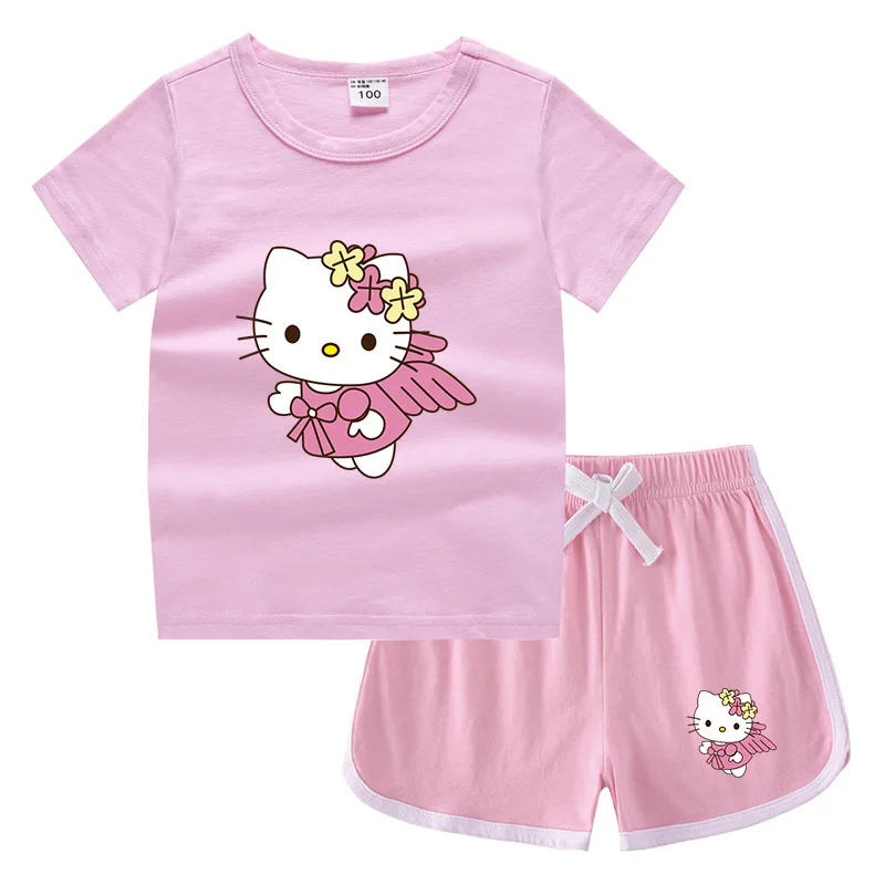 Hello Kitty Summer Children's Round Neck T-shirt Casual Hot Pants Boys  Girls Bottoming Shirt Sweat-absorbent Candy Singlet Suit