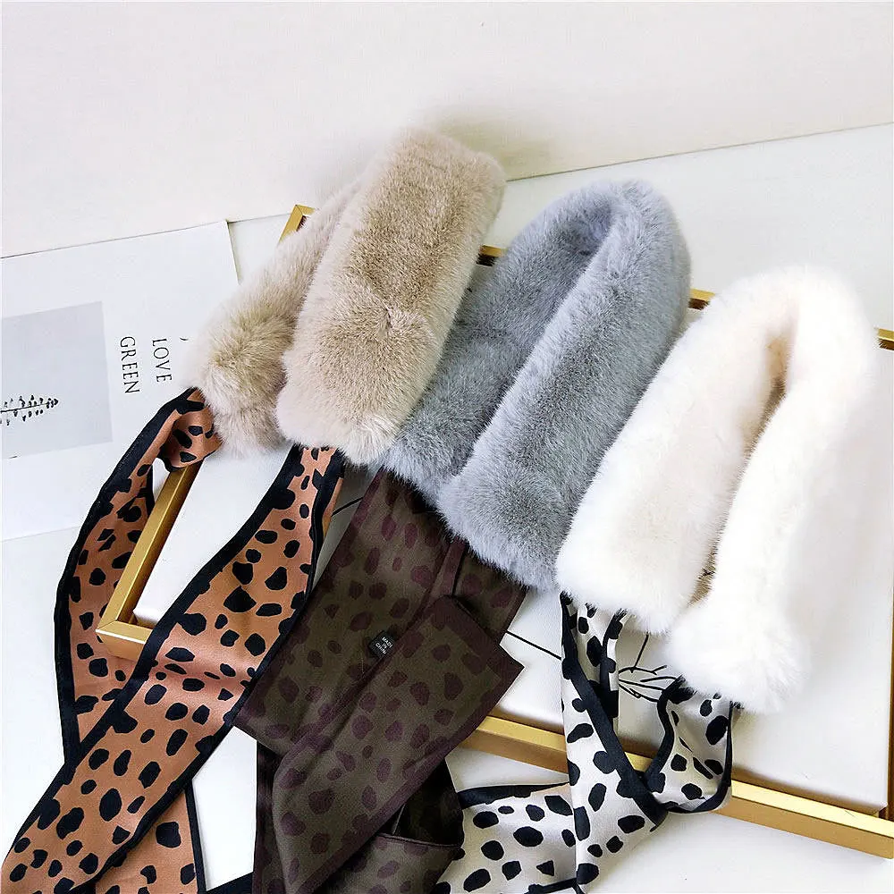 2022 New Long Skinny Silk Letter Leopard Printed Hair Head Scarf with Winter Warm Faux Fur Neck Collar Scarves for Women Foulard