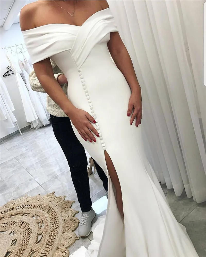 Customized Split Front Mermaid Wedding Dress For Women White Satin Off Shoulder African Women Bridal Gowns Vestido de noiva